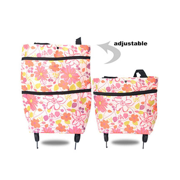 Two floral-patterned bags with wheels on a white background, labeled 'adjustable'.