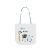 White tote bag with cartoon designs and text on a white background