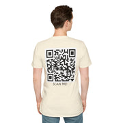 Person wearing a beige t-shirt with a QR code and 'Scan Me!' text on the back.