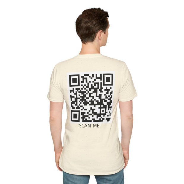 Person wearing a beige t-shirt with a QR code and 'Scan Me!' text on the back.
