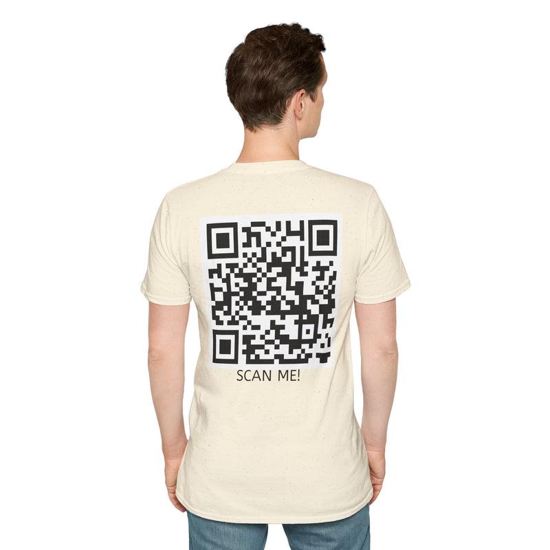 Person wearing a beige t-shirt with a QR code and 'Scan Me!' text on the back.