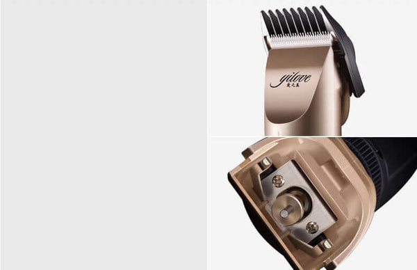 Close-up of a premium dog hair clipper showing sharp ceramic blade and powerful motor for professional grooming.