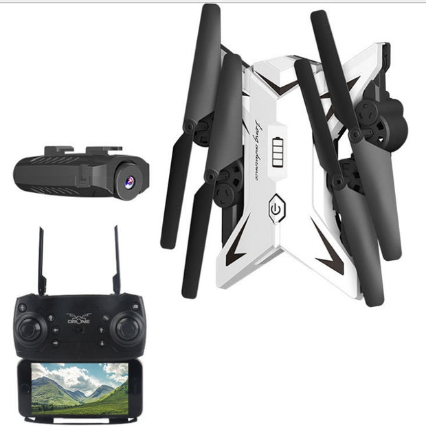 White drone with black propellers and a remote control with screen on a white background
