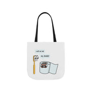 Tote bag with cartoon design of a toothbrush and toilet paper roll on a white background