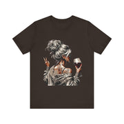 Black t-shirt with a graphic design of a woman holding a glass of wine on a white background