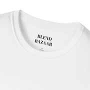 White t-shirt with 'BLEND BAZAAR' text on a white background