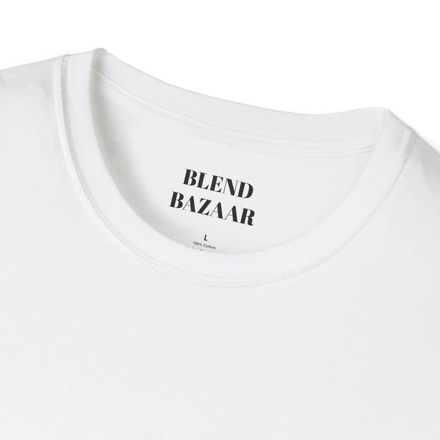 White t-shirt with 'BLEND BAZAAR' text on a white background