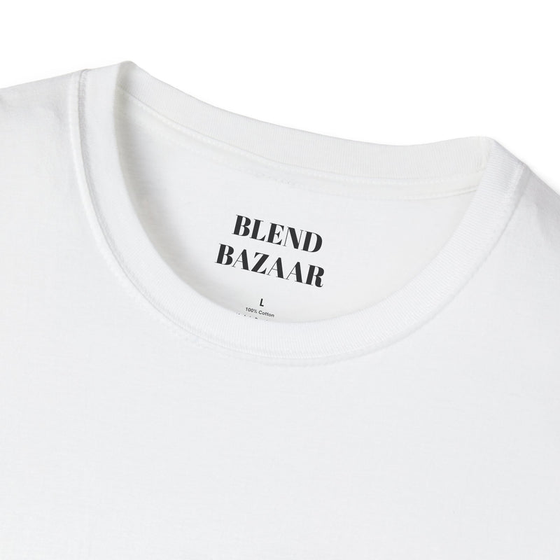 White t-shirt with 'BLEND BAZAAR' text on a white background