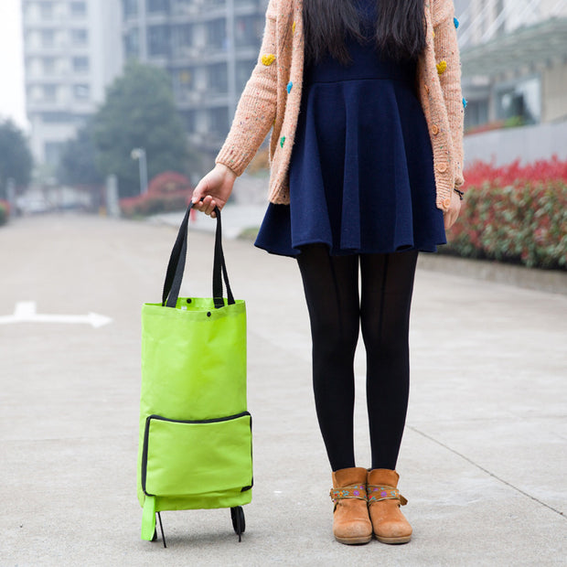 Person holding a green rolling shopping bag on a city street.