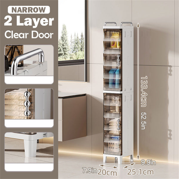 Tall vertical organizer with clear door, showing dimensions and usage scenarios in a kitchen.