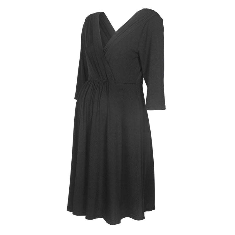 Black dress with a V-neckline and three-quarter sleeves on a white background