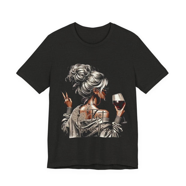 Black t-shirt with a graphic of a woman holding a glass of wine on a white background