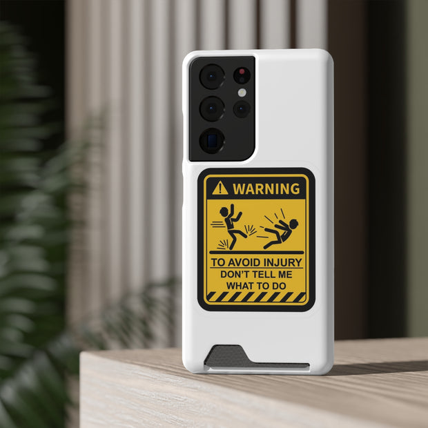 Vibrant Warning Phone Case with Card Holder featuring playful warning sign design for smartphone protection.
