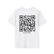 White t-shirt with a QR code and 'SCAN ME!' text on a white background