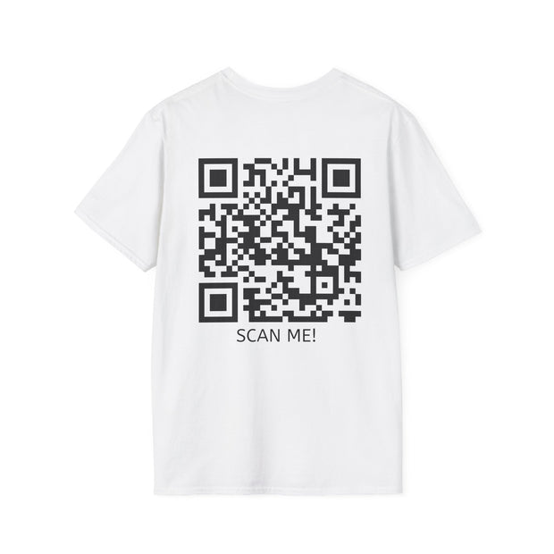 White t-shirt with a QR code and 'SCAN ME!' text on a white background