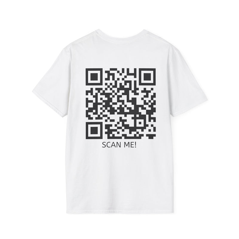 White t-shirt with a QR code and 'SCAN ME!' text on a white background
