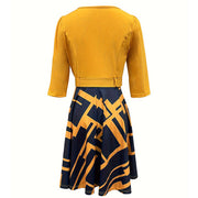 A-Line Midi Dress for Women - Geometric Print, Semi-Zip Neck, Long Sleeves