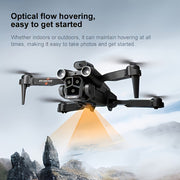 Drone hovering with text about optical flow and ease of use, set against a mountainous landscape.