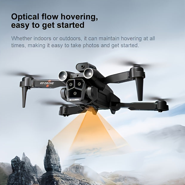 Drone hovering with text about optical flow and ease of use, set against a mountainous landscape.
