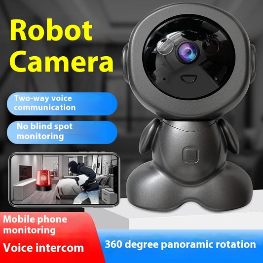 Black robot camera with features highlighted on a dark background