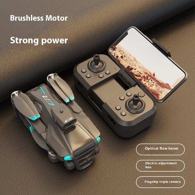 Two drones with a smartphone on a brown surface, highlighting features like brushless motor and strong power.