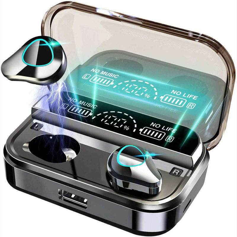 TWS 5.1 waterproof Bluetooth earphones in charging case with digital battery display and ergonomic design.