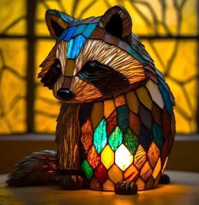 Stained glass raccoon lamp with a warm glow against a yellow background