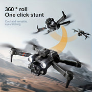 Drone performing a 360-degree roll with text highlighting its features against a mountainous background.