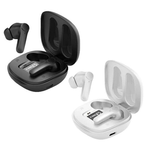 Black and white wireless earbuds with charging cases on a white background