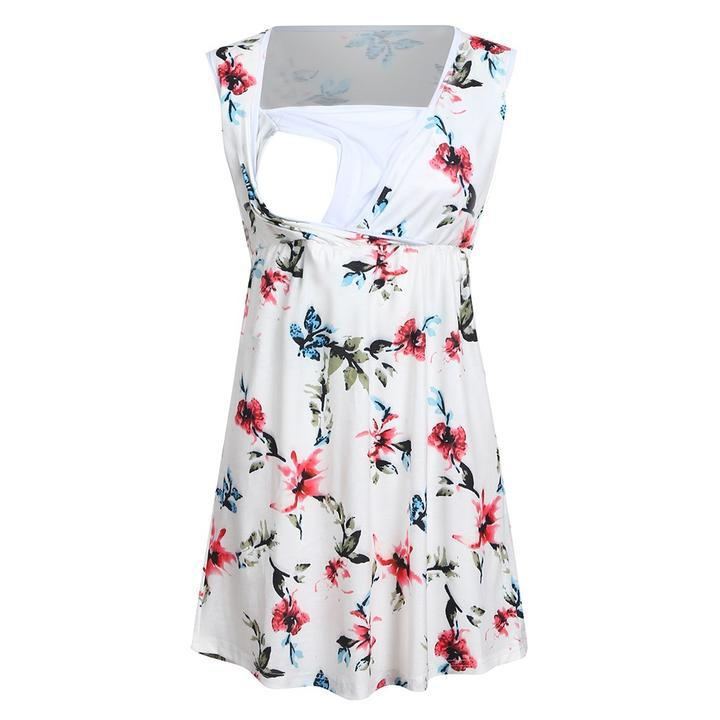 White dress with colorful floral pattern on a white background