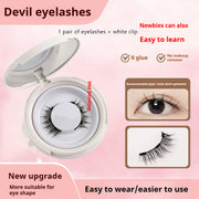 Devil eyelashes packaging with instructions and examples on a pink background