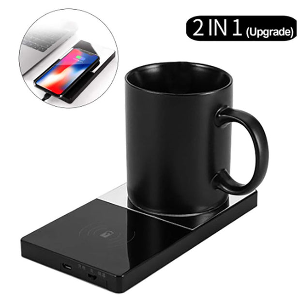 Black mug on a wireless charging pad with smartphone charging illustration, labeled '2 IN 1 (Upgrade)'.