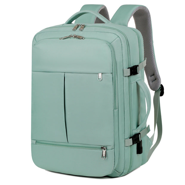 Light blue backpack with gray straps on a white background