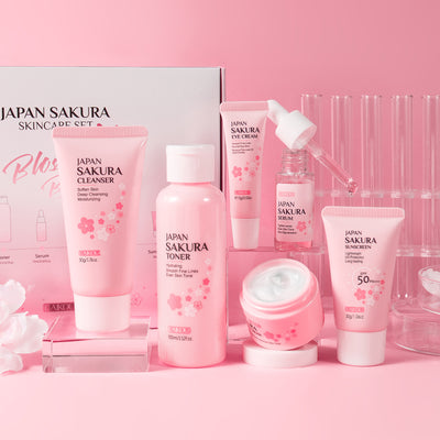 Japan Sakura skincare product set on a pink background