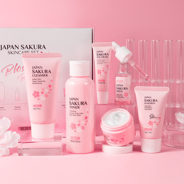 Japan Sakura skincare product set on a pink background