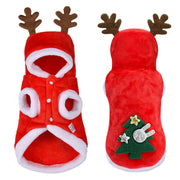 Red dog coat with reindeer antlers and Christmas tree design on a white background