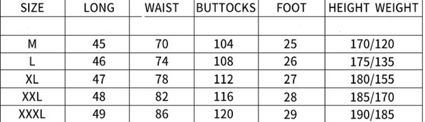 Table displaying measurements for different size categories including waist, buttocks, foot length, and height weight.