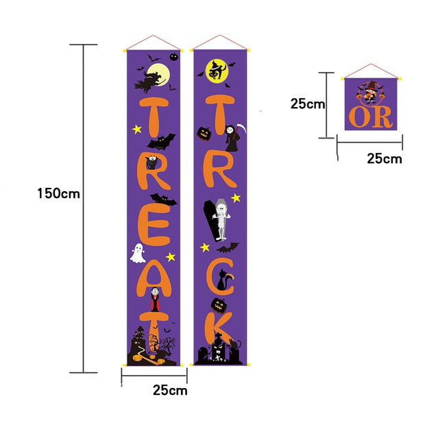 Halloween-themed decorative banner with text and illustrations on a purple background, showing dimensions.