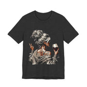Black t-shirt with a graphic of a woman holding a glass of wine on a white background