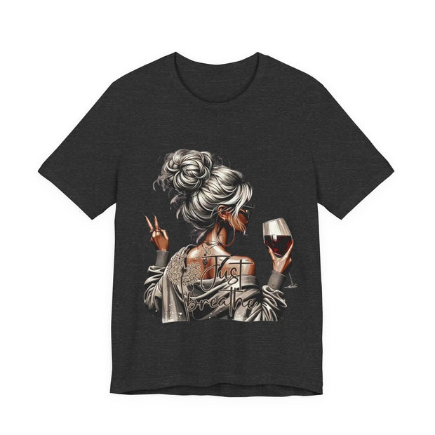Black t-shirt with a graphic of a woman holding a glass of wine on a white background