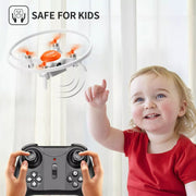 Child playing with a drone and remote control, with 'Safe for Kids' label.