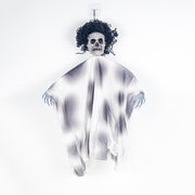 Hanging ghost decoration with a skull face on a white background