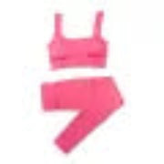 Pink sports bra and leggings set on a white background