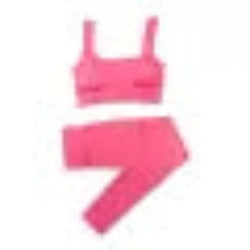 Pink sports bra and leggings set on a white background