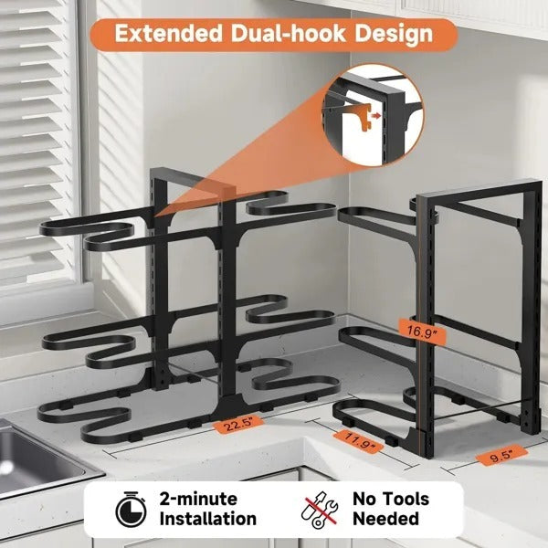 Black kitchen rack with dual hooks on a countertop, showing measurements and installation ease.