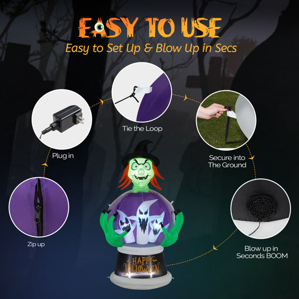 Witch Crystal Ball Inflatable Decoration W/ 6 LED & RGB Lights, 5.9ft