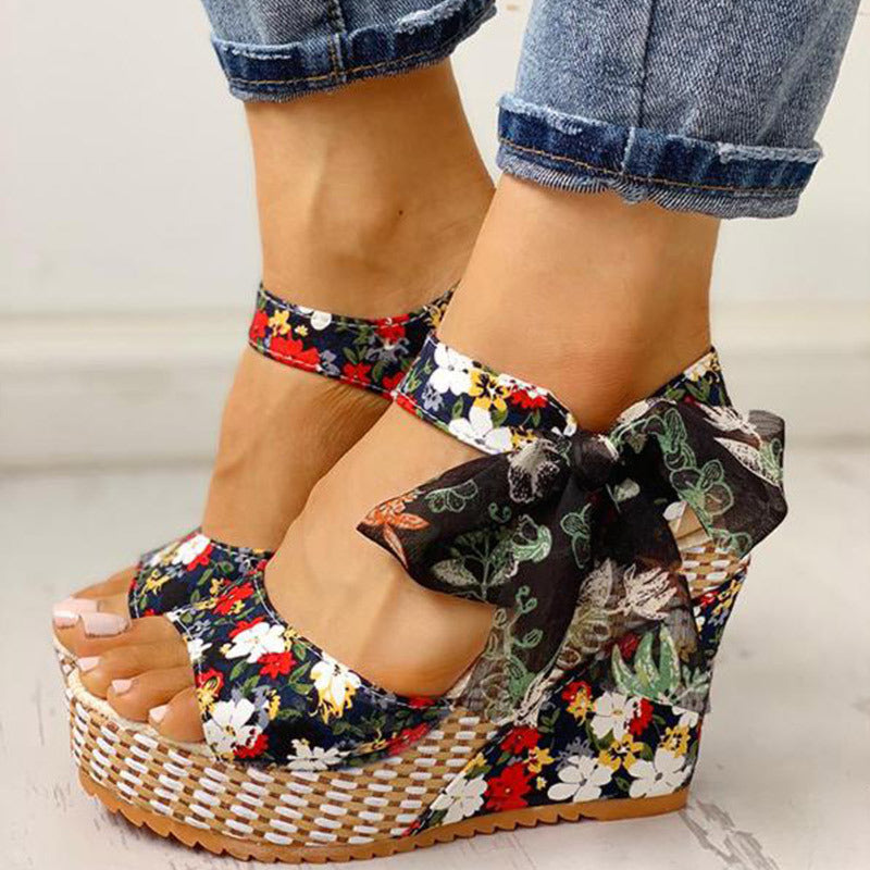 Floral Bow knot Wedge Sandals - Elevate Your Style with Confident Comfort