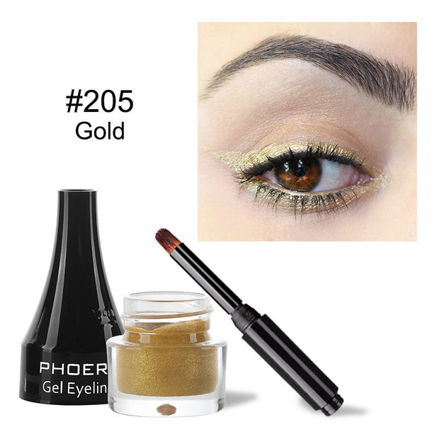 Gold gel eyeliner with applicator and open container, worn on eye.