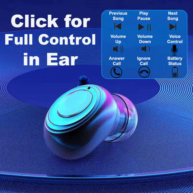 TWS 5.1 Waterproof Bluetooth earphone with touch controls for music and calls on a blue background.