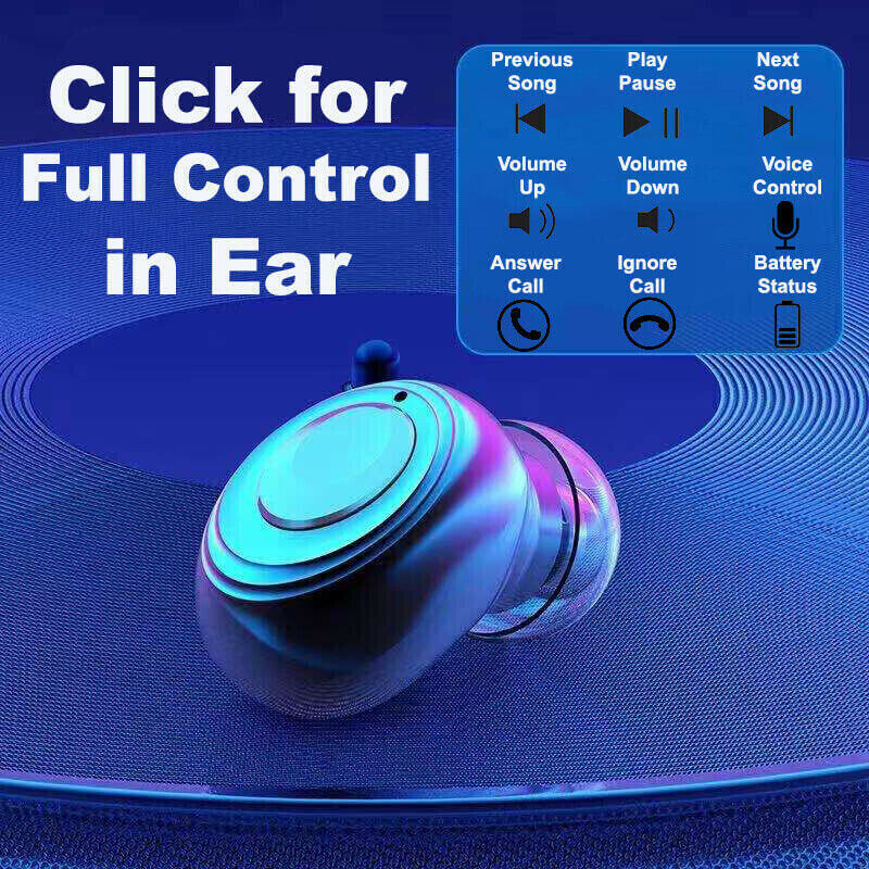 TWS 5.1 Waterproof Bluetooth earphone with touch controls for music and calls on a blue background.